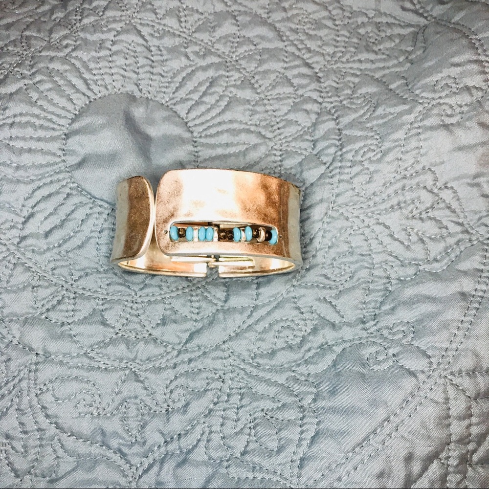 Wide silver & blue beaded bracelet